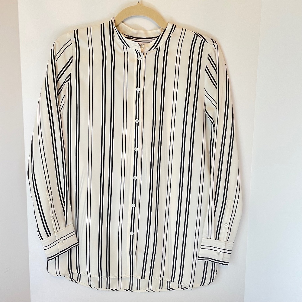 Everlane Relaxed 100% Silk Collarless Shirt Mixed Stripe Black White 00 NWOT
